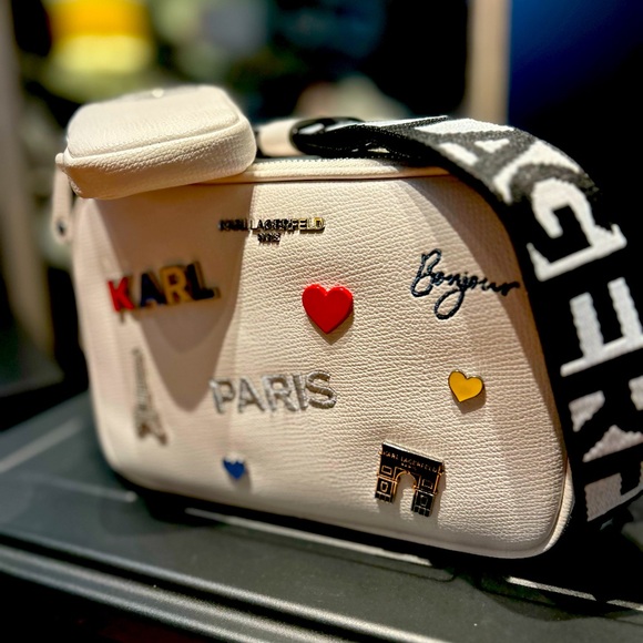 Karl Lagerfeld Maybelle Crossbody Bag purse Double Zip White With Pins And Pouch - Picture 5 of 8